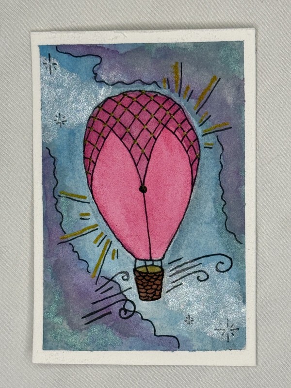 ACEO Original Watercolor Pink Hot Air Balloon 2.5X3.5 paper by Ashley Sulliva