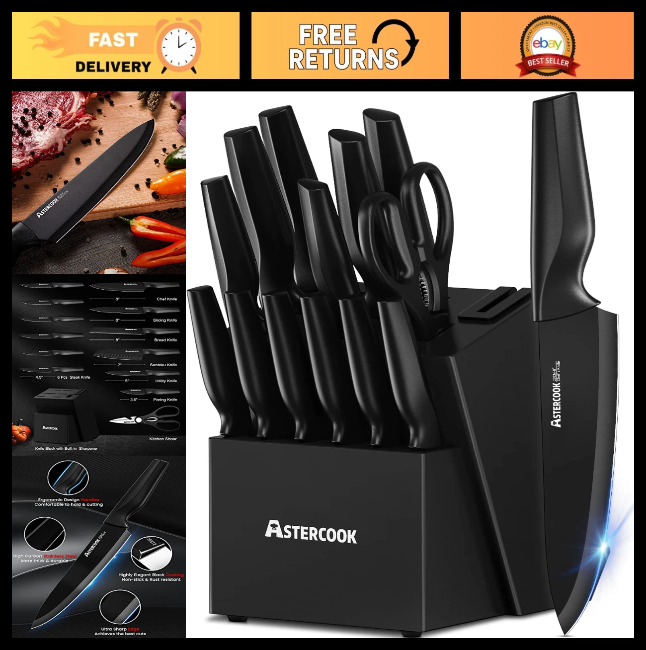 15-Piece Kitchen Knife Set with Built-in Sharpener, German Stainless Steel, Dish
Opens in a new wind