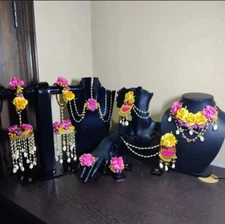 Women fashion flower  earrings tika bracelets necklace haldi mehandi babyshower