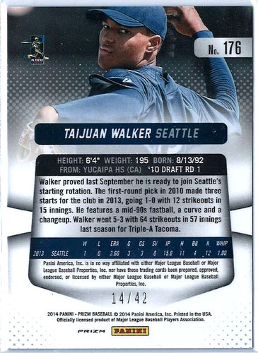 2014 Panini Prizm Baseball Taijuan Walker Blue 42 Parallel RC /42 Mariners - Picture 2 of 2