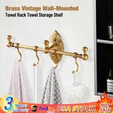 Vintage Towel Bar Brass Towel Shelf Wall-Mounted storage Holder Rack W/ 4 Hooks