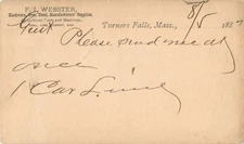 F.I. Webster, Hardware, Iron, Steel, Turners Falls, Massachusetts MA 1887