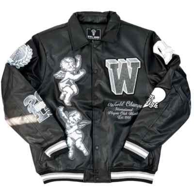 REBEL MINDS (MENS) BLACK WORLD CHAMPS LEATHER VARSITY JACKET
