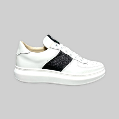 Sneaker ML Damen Leather Shoes Weiß mit Glitzerstreifen Schwarz Echtleder