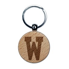 Letter W Uppercase Fun Bold Font Engraved Wood Round Keychain Tag Charm