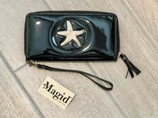 NWT Magid Clutch Wallet Wristlet Black Patent Leather with Gold Starfish Coastal
