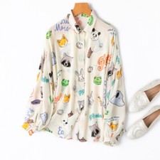 100 PURE Silk Cute Animals Women Buttons Up Long Sleeve Shirt Top Blouse M1094