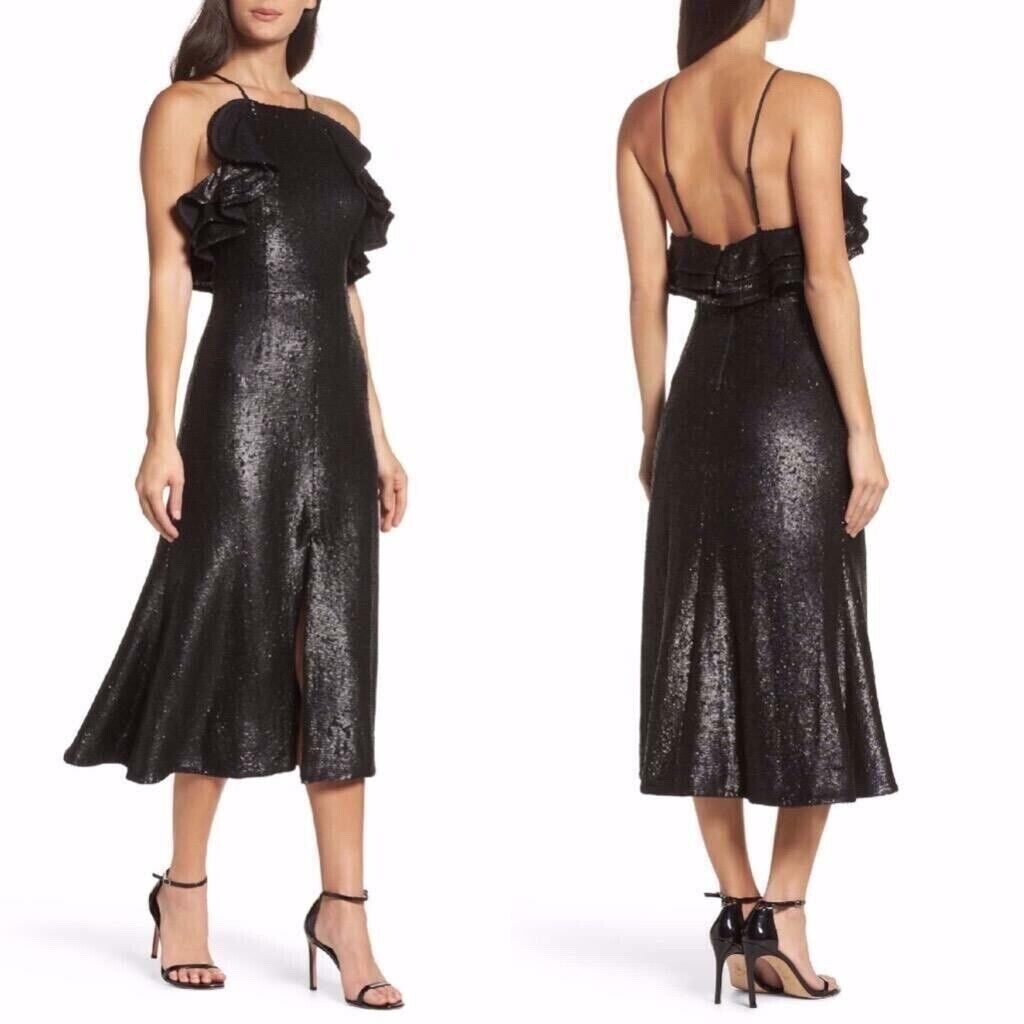 c/meo collective sequin dress Illuminated Sequin Ruffle Midi Dress