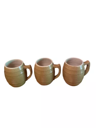 Lot Of 3 Uhl Pottery 4 3/4” 16 Ounce Tan Rustic Barrel Stoneware Mugs