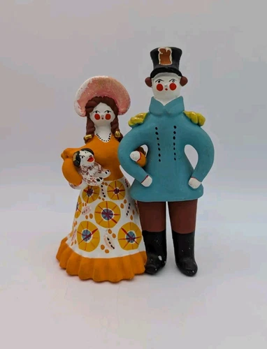 Russian Dymkovo Clay Pottery Folk Art Figurine Couple & Dog Handmade 7" Tall