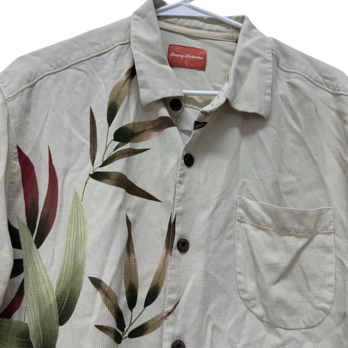 Tommy Bahama Button Front Shirt Mens L Cream Silk Bamboo Leaf Print Tropical