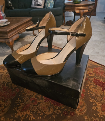 #ad Jones New York Women’s Patent Leather Pump Black Beige Ankle Strap 9.5M $31.00