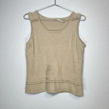 Max Studio 100% Wool Tank Blouse Size Large Soft Knit Tan Ruffle Cottage Boho