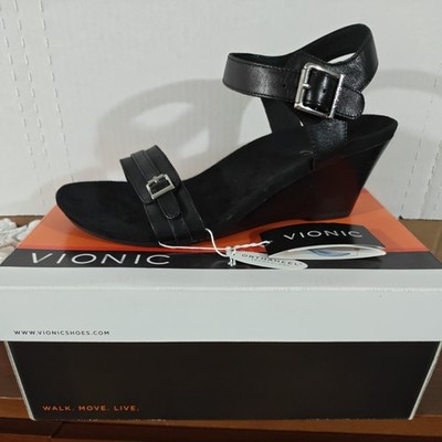 Vionic Noble Laurie 382 Wedge Sandals Black Leather Shoes Women's Size 8