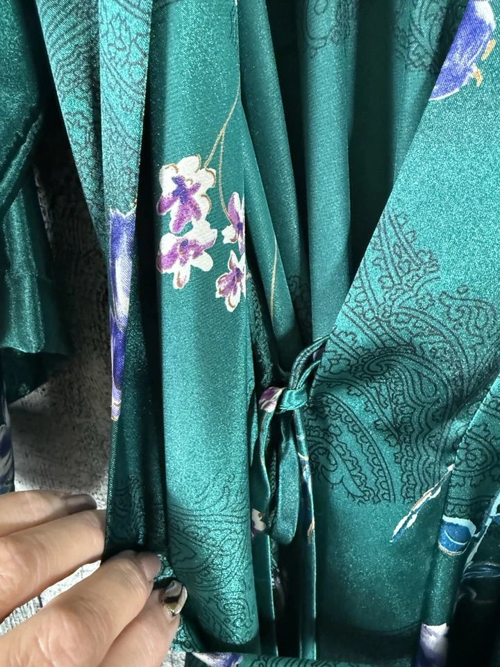 CALIFORNIA DYNASTY халат спа халат шелковистый синий зеленый цветочный ремень женщин Sz M - Изображение 3 из 4