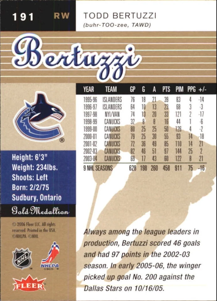 2005-06 Ultra Gold #191 Todd Bertuzzi - HKY - Image 2 of 2