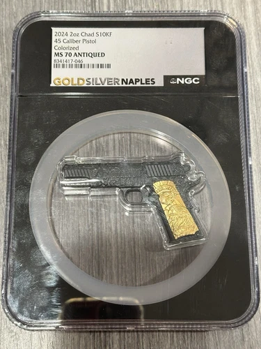2024- Chad- 2 oz S10KF- 45 Caliber Pistol- Colorized- NGC- MS70 Antiqued
