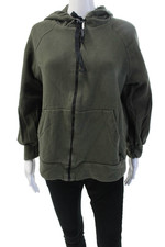 Essence Women Full Zip Hoodie Green Cotton Drawstring Long Sleeve Army Size 6