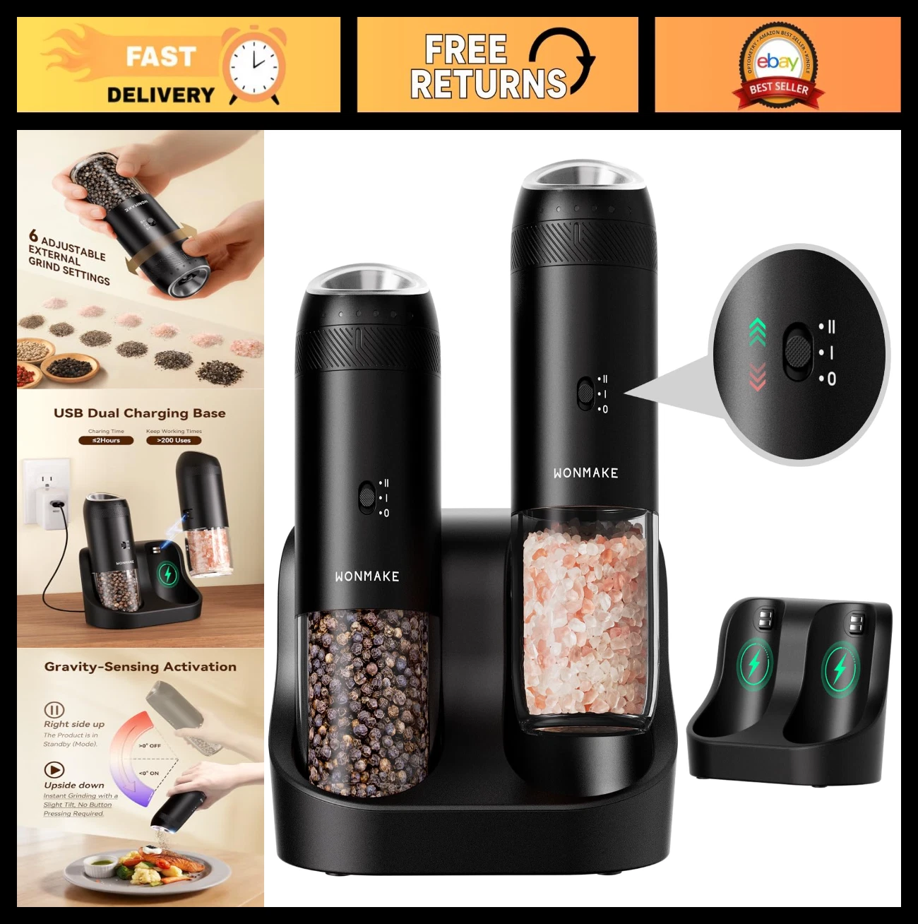 Electric Salt and Pepper Grinder Set - Automatic Mill with Charging Base, 6-Leve