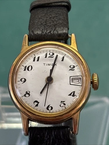 Vintage Timex Ladies 24mm Watch Gold Tone Mechanical Windup Date - RUNS