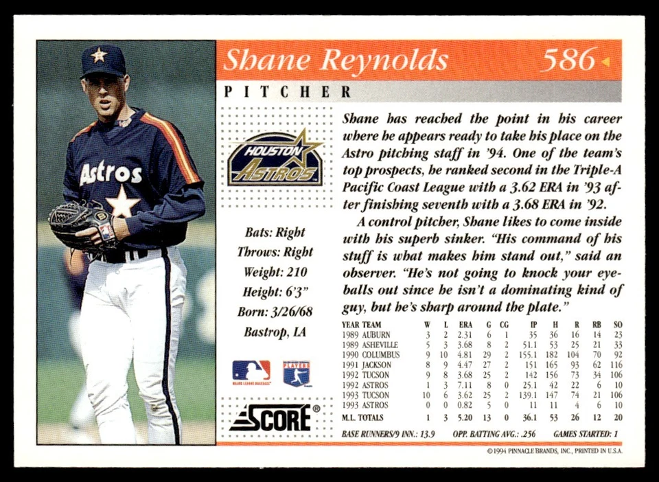 1994 Score Shane Reynolds Rookie Houston Astros #586 - Image 2 of 2