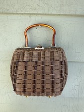 Vtg 50/60  s Brown Woven Wicker Purse Amber Lucite Single Handle Twist Lock