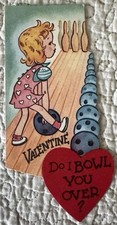 Vintage Valentine Girl Bowling Do I Bowl You Over Greeting Card 1950s 1960s