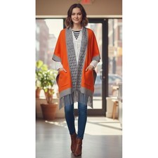 A rin Women's Cape Scarf Front Pockets Heavy Colorblock Tassled Made in Korea