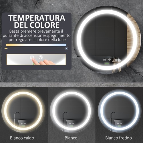 kleankin Specchio Bagno Rotondo con Luce LED Regolabile e Anti Appannamento - Foto 7 di 10