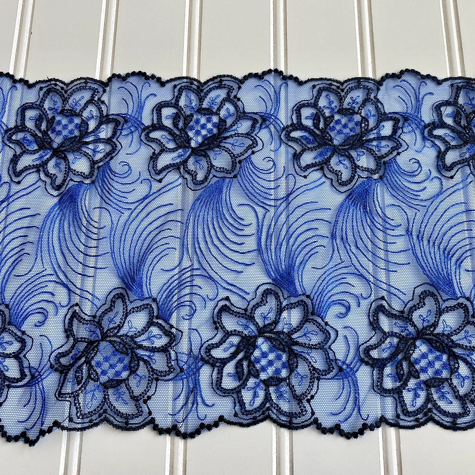 Borde de encaje de doble filo bordado azul real y negro/costura/artesanía/7,5" de ancho Foto 3 de 4