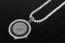 4mm Prong Tennis Square Chain Necklace 14k White Gold Finish w/ Medusa Pendant