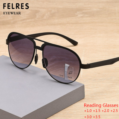 Men Metal Progressive Multifocus Tinted Reading Glasses Pilot Outdoor Sunglasses