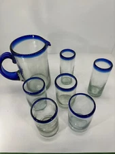 Vintage Mexican Cobalt Rim Hand Blown Pitcher And Glass Set