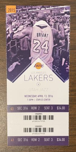 KOBE BRYANT FINAL FULL GAME TICKET LAST GAME EVER 60 POINTS 04/13/2016 UTAH JAZZ - Picture 1 of 12