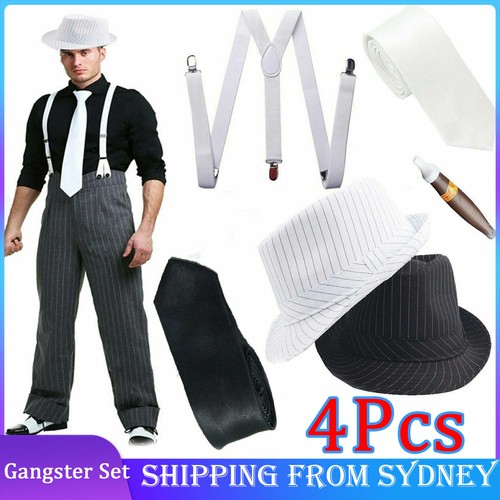 Gangster Set Hat Suspender Tie & Cigar 1920s Costume Party Mafia 4pcs Fancy Dres
