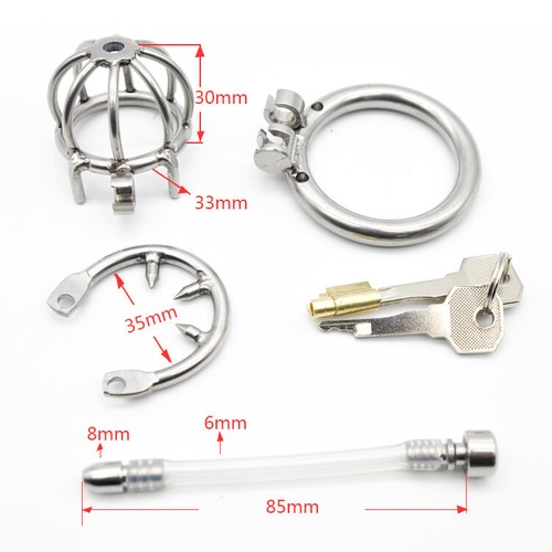 Metal Male Chastity Belt Device Small Cage Pipe Stretcher Spiked Ring - Bild 24 von 30