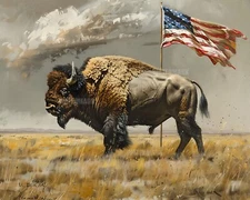 8x10 Matte Print Bison Standing Aggressively with U.S. Flag