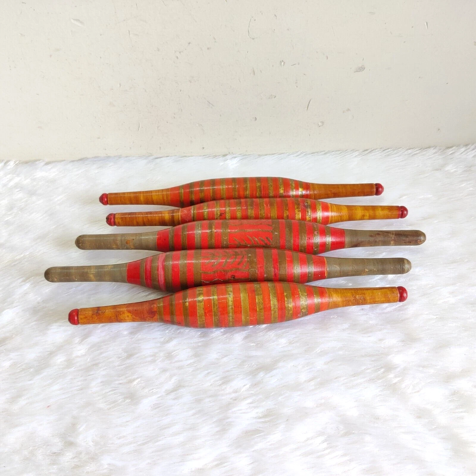 Vintage Primitive Handmade Lacquered Bread Bakers Wooden Rolling Pin 5Pcs W876