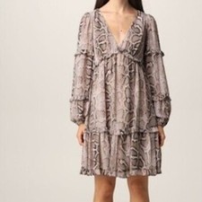 Michael Kors Snakeskin Print Dress V-Neck Long Sleeve Ruffle Tiered Mini Sz XS