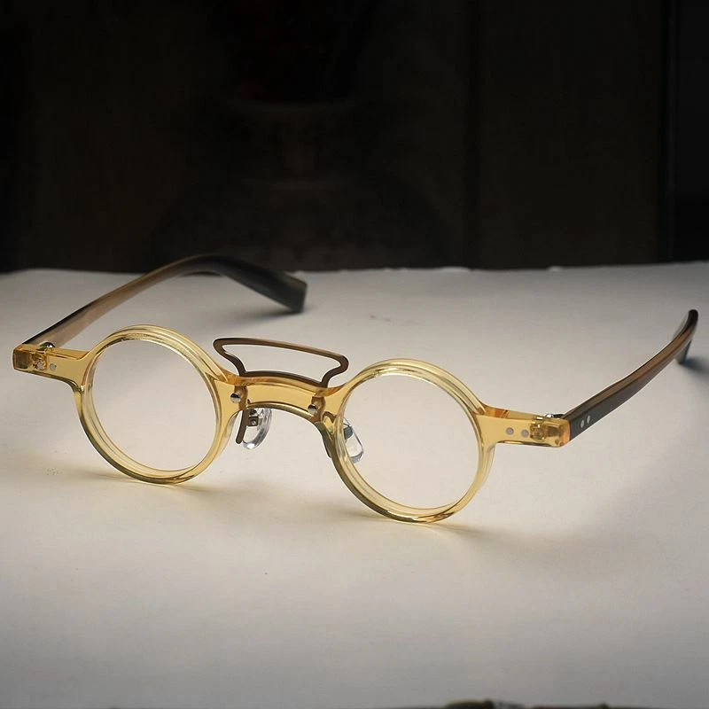 Men's vintage solid acetate eyeglasses yellow crystal round glasses arts eyewear - Image 4 of 4