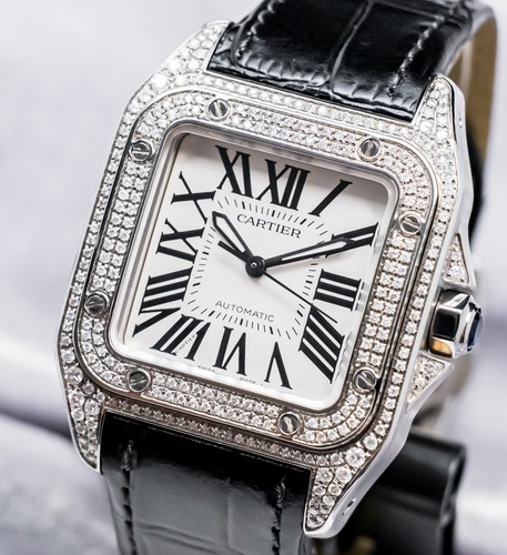 Cartier Santos 100 Medium Model Custom-Set Diamonds Midsize Steel 2878 W20106X8