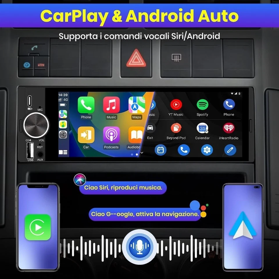 Autoradio 1 DIN con Schermo Wireless CarPlay & Android Auto Bluetooth FM AM RDS - Immagine 3 di 4