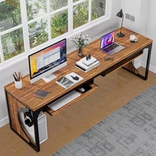 Extra Long Home Office Computer Desk with Keyboard Tray, Double Workstation