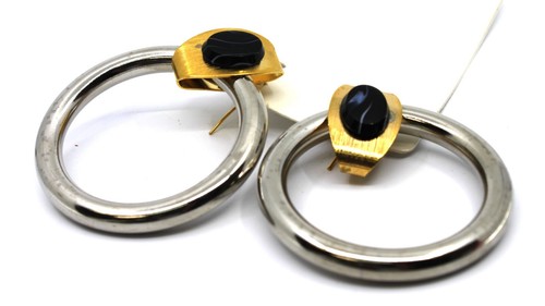 Modische große Creolen Ohrhänger zweifarbig schwarzer Stein Italien - Bild 5 von 8