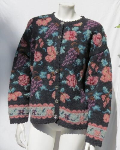 NORTHERN ISLES US XL Gray Floral Chunky Knit Wool Cardigan Sweater Top - Picture 2 of 5