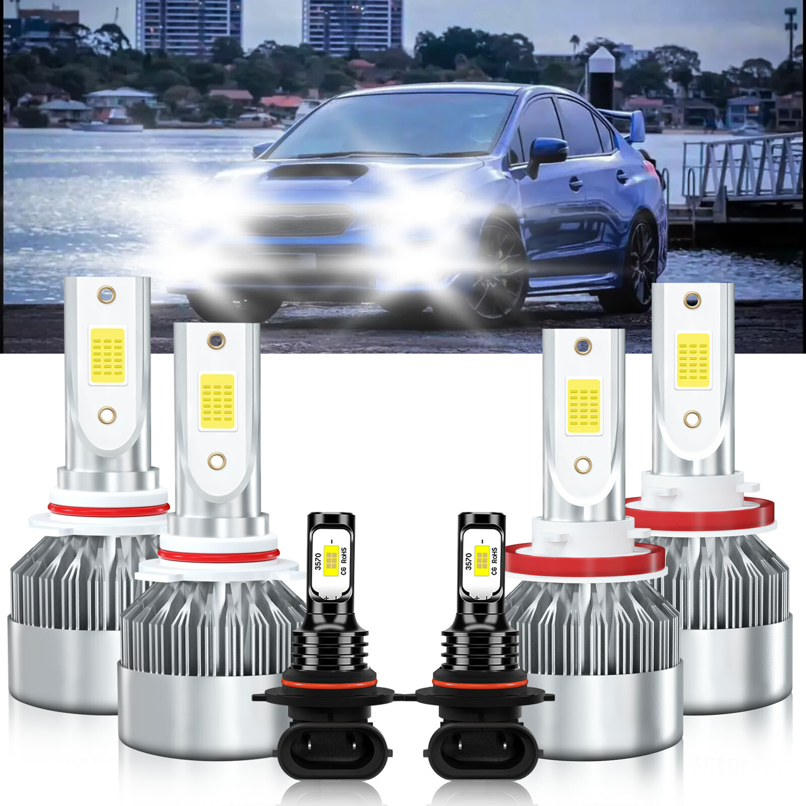 6000K LED Headlight Bulbs High Low Beam Fog Light Kit For Subaru WRX 2012-2014