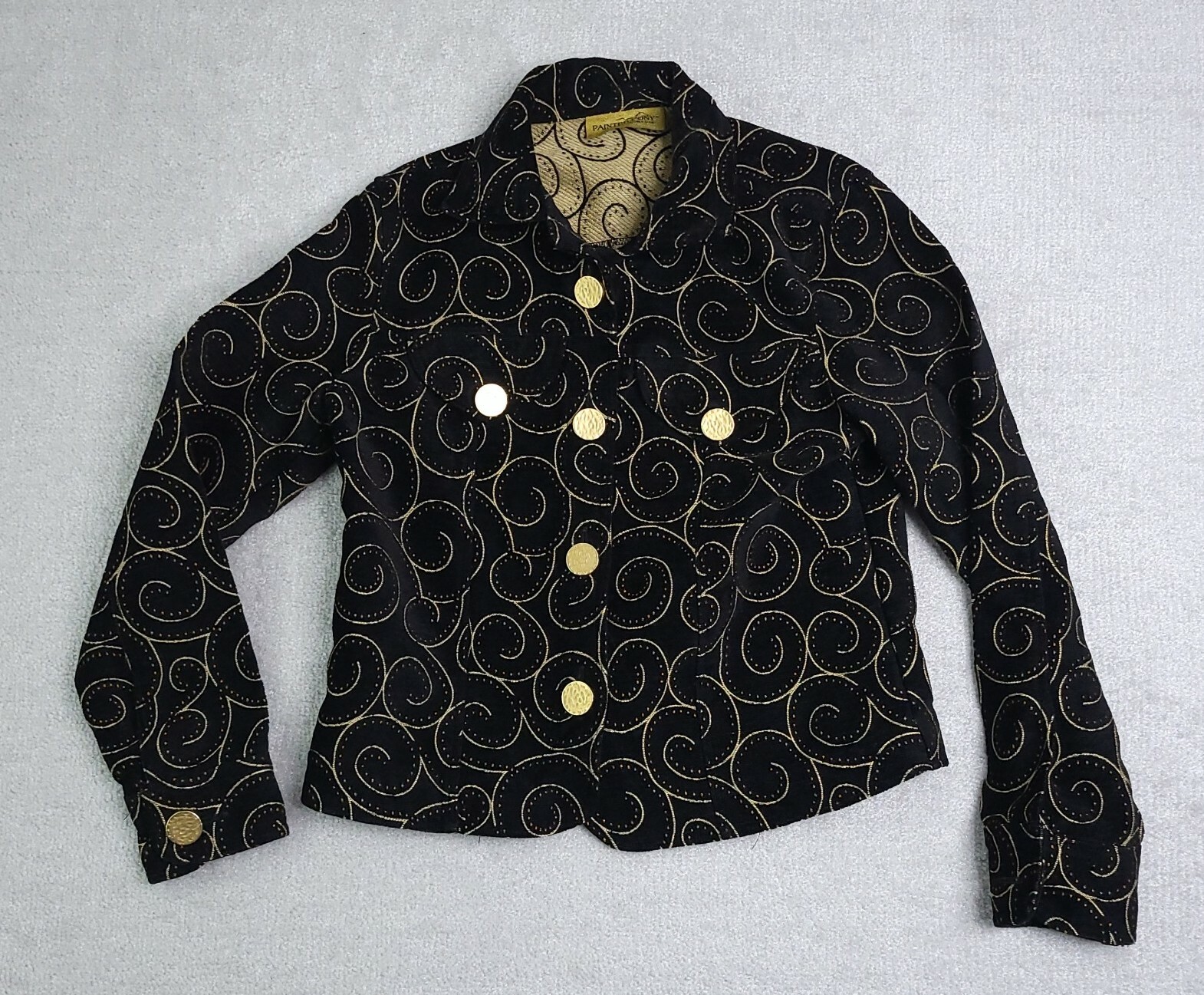 Blazer donna dipinto pony unico USA piccolo giacca arte geometrica nero FOTO