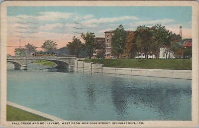 c1915 Fall Creek Indianapolis IN Trolley Bridge From Meridian St postcard G250