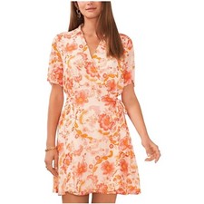 Vince Camuto Orange Pink Floral Wrap Dress Sz Large Collar V-Neck Short Sleeve