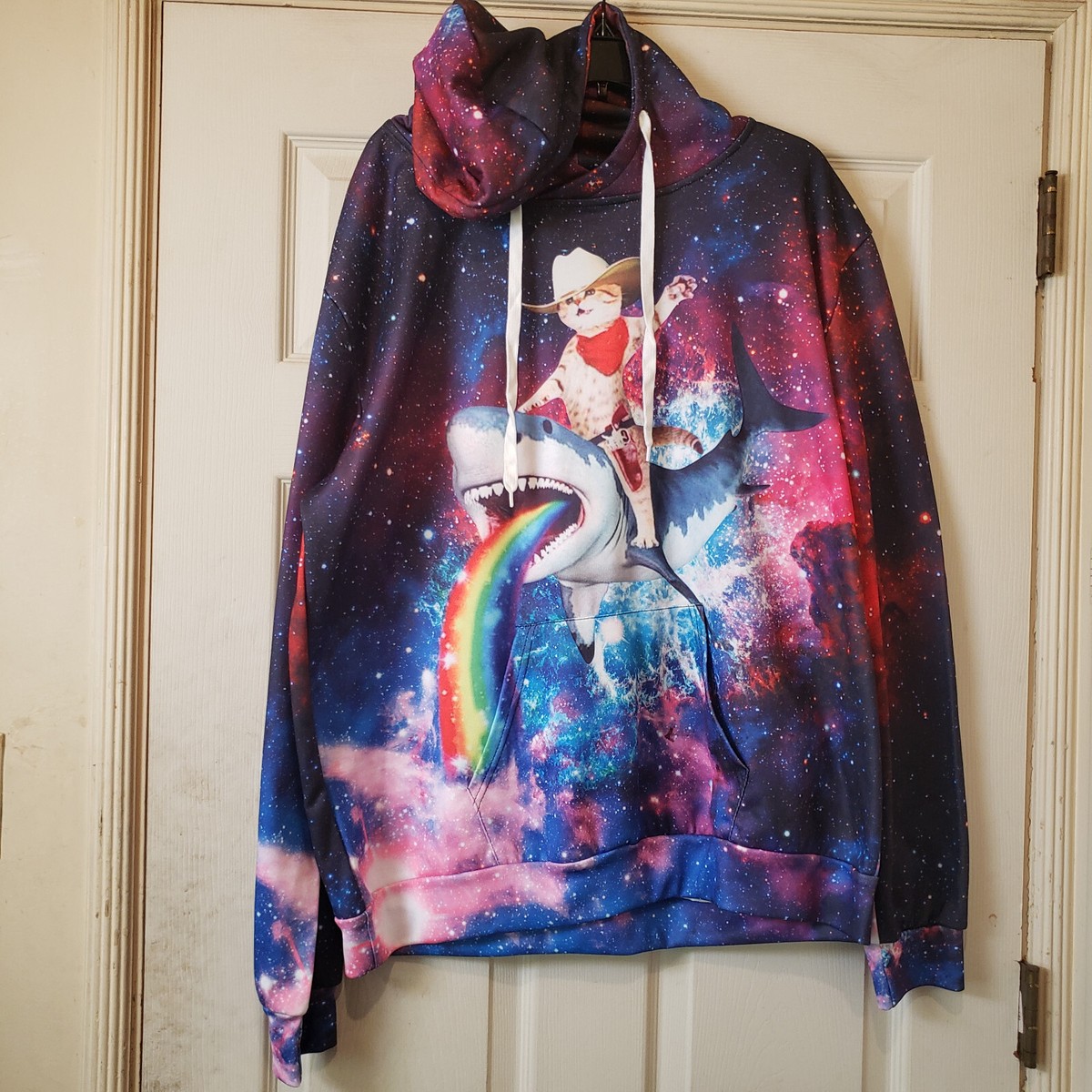Cowboy Kitty Cat Riding Shark Hoodie 2XL Space Rainbow Galaxy Pullover  Jumper